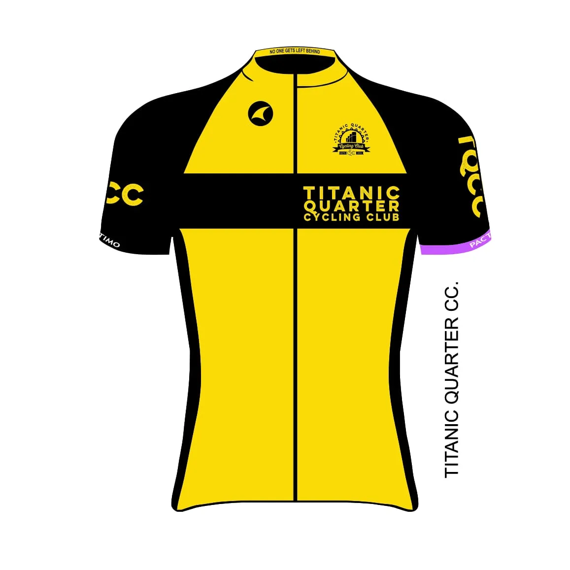 TQCC club cycling kit in yellow and black with pink stripe