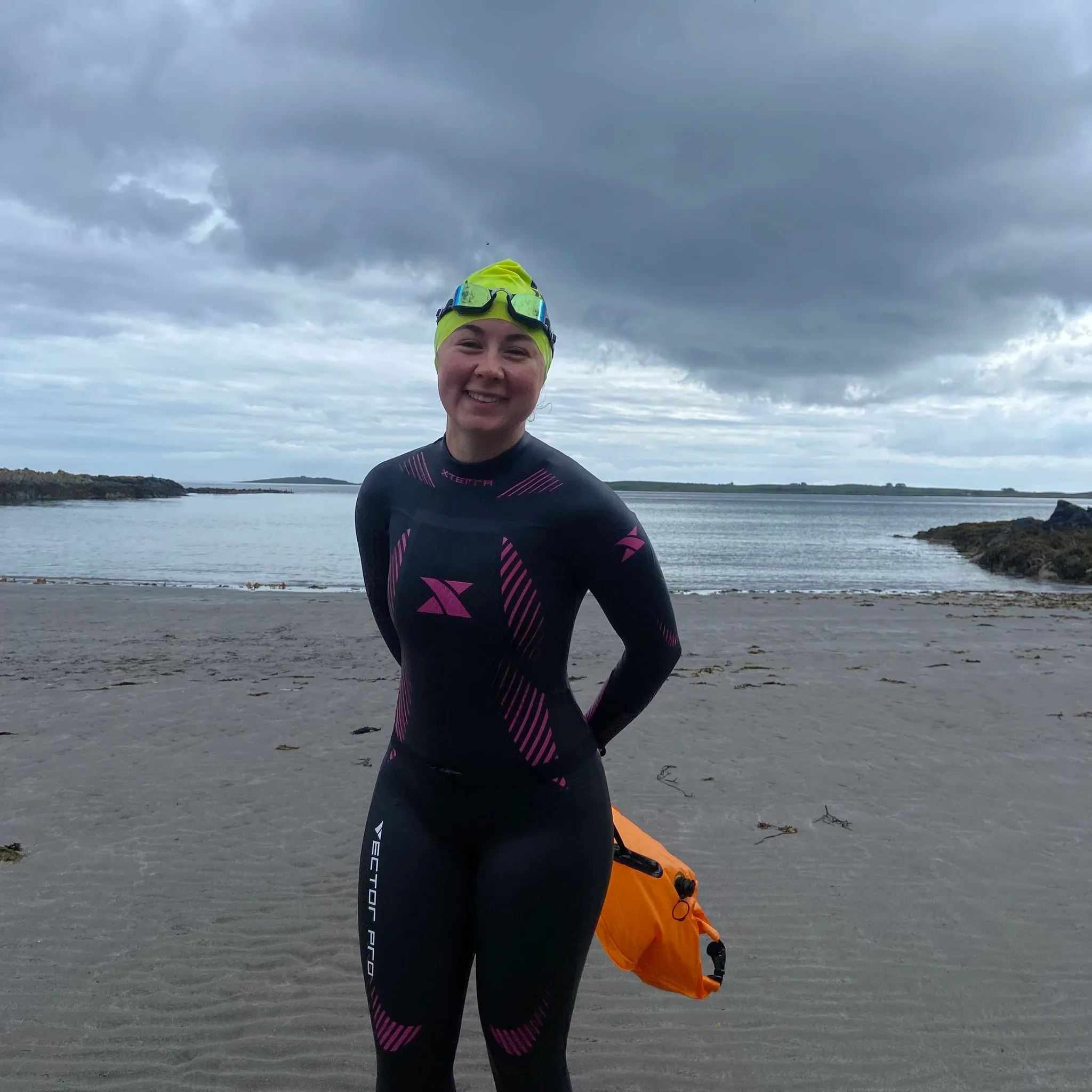 Emily Bond in her wetsuit after an open-water swim training session at Portavoe Beach