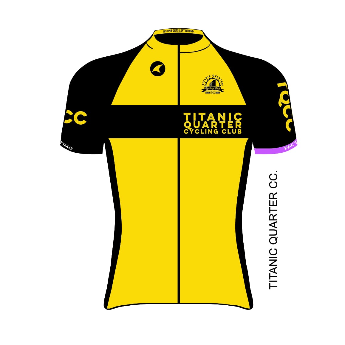 TQCC club cycling kit in yellow and black with pink stripe